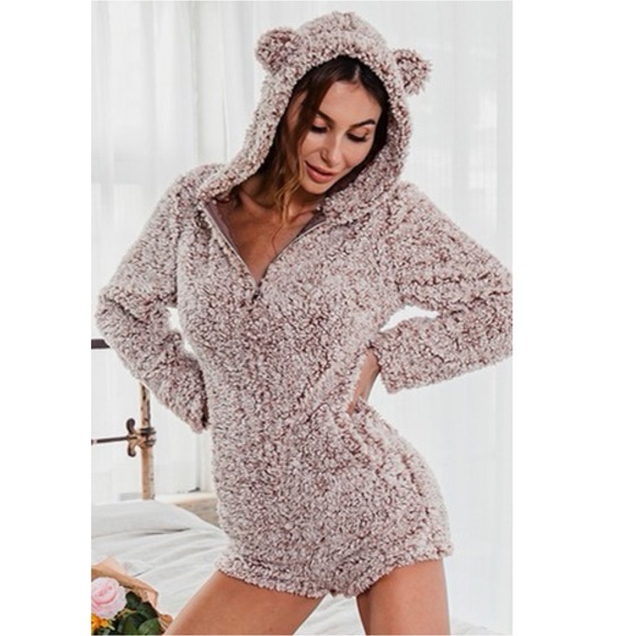 Ebalida Other - Mocha brown & white Teddy fur one piece shorts pj